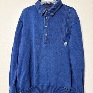 Vintage Danish Blue Willi's Indigo Cotton Knit Sweater Denim Collar Snap-Button